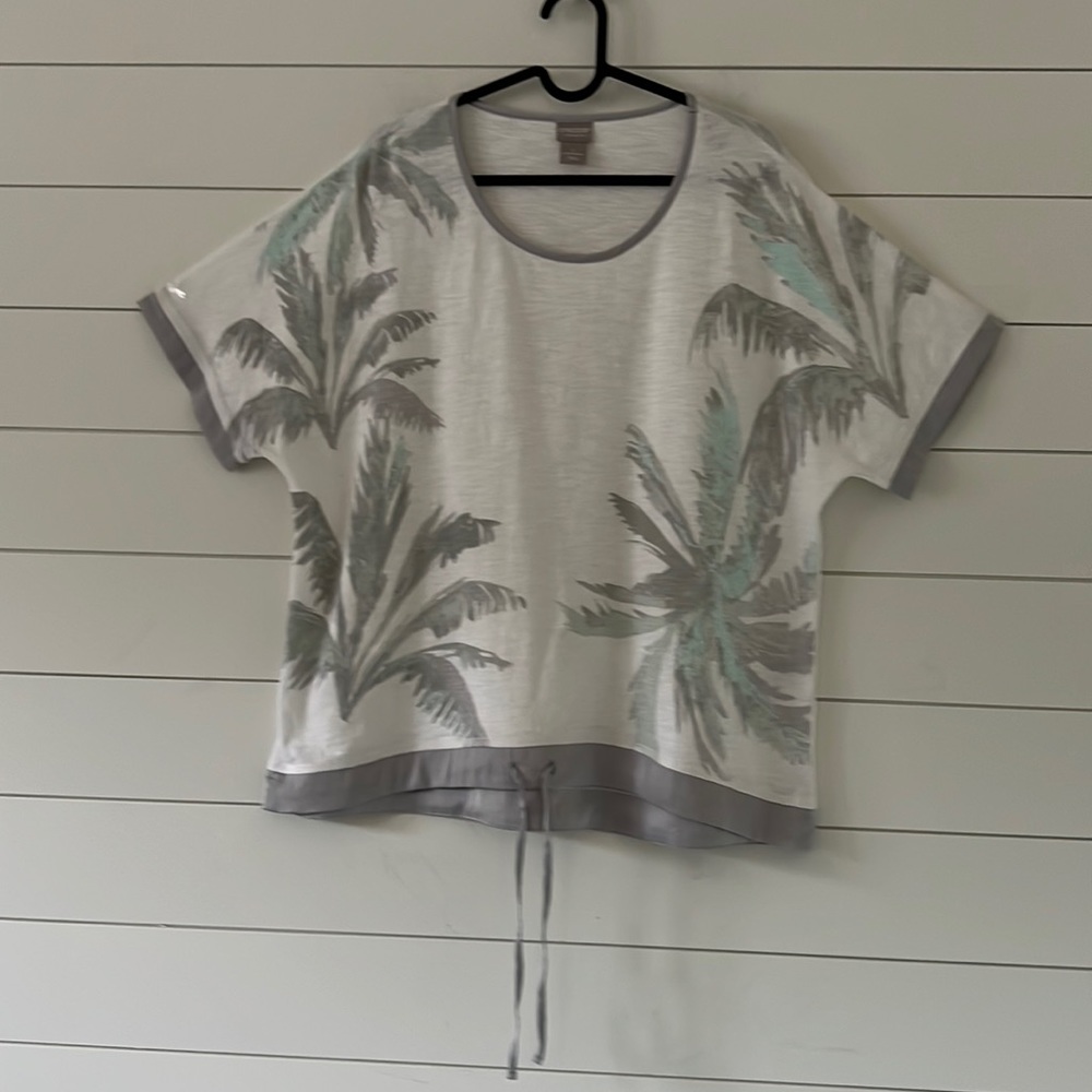 Chico’s Size 2 (US13/14) Palm Frond white gray & green satin trim drawst…